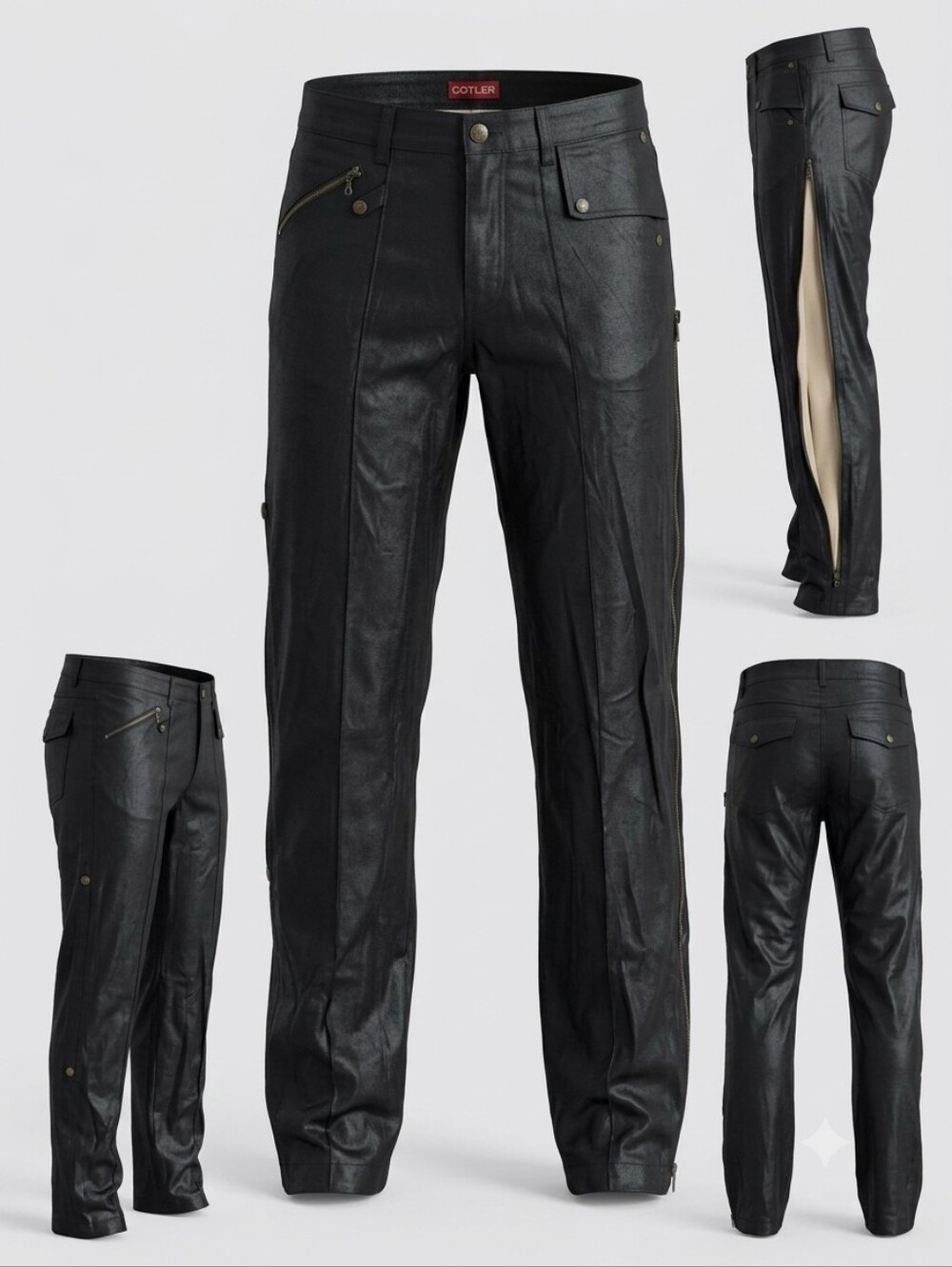 Vintage 80s Cotler Coated Black Side Zip Straight-Leg Pants. Modern Size 32x33